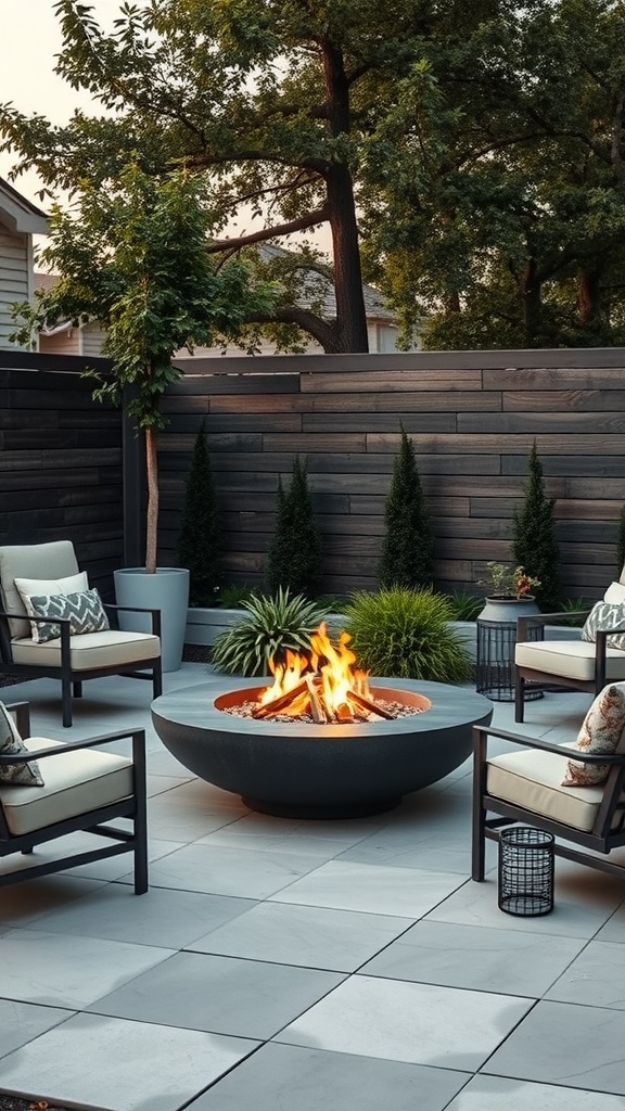 A modern minimalist fire pit lounge with a round fire pit, comfortable chairs, and lush greenery.