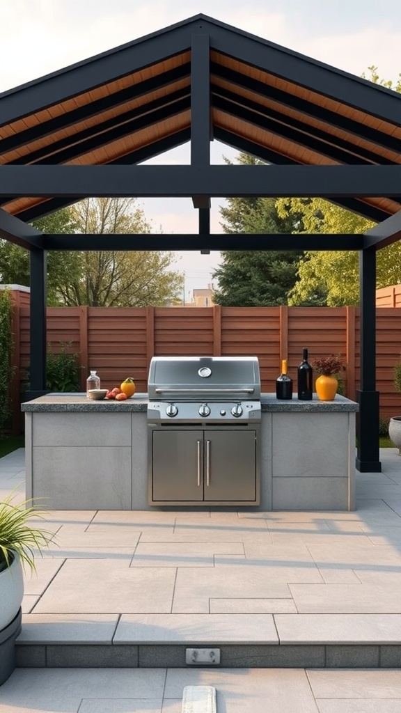 A modern minimalist grill gazebo with a black frame and wooden roof, featuring a stainless steel grill and countertop.