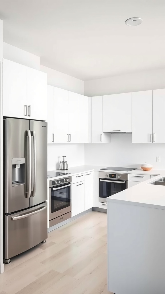 A modern minimalist kitchen featuring white cabinets, stainless steel appliances, and a clean countertop.