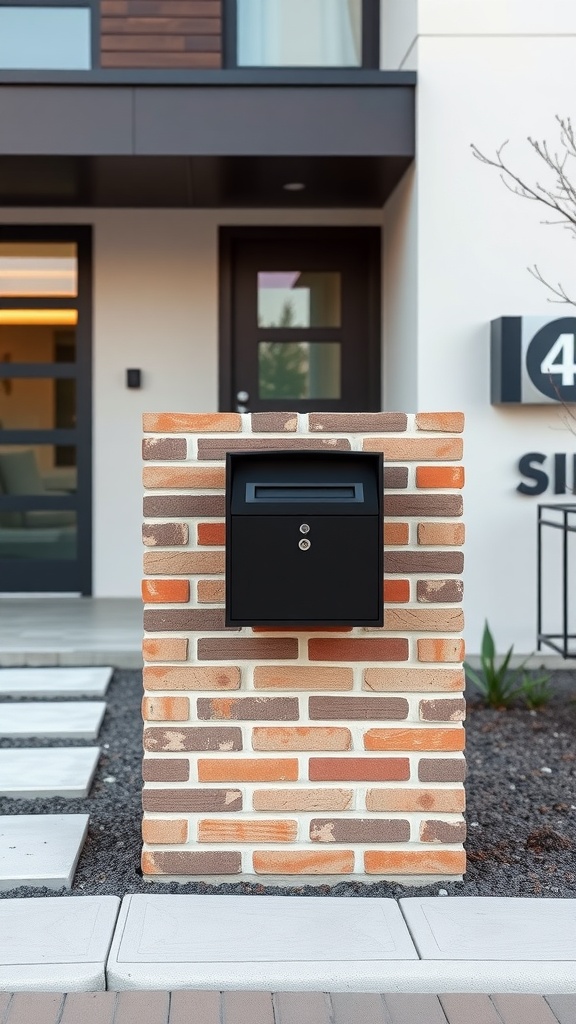 A modern brick mailbox with a sleek black mailbox on a stylish path