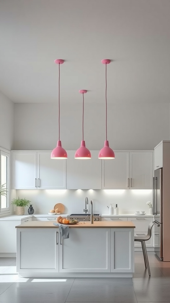 Three pink pendant lights hanging over a modern kitchen island with white cabinets and a light wooden countertop.