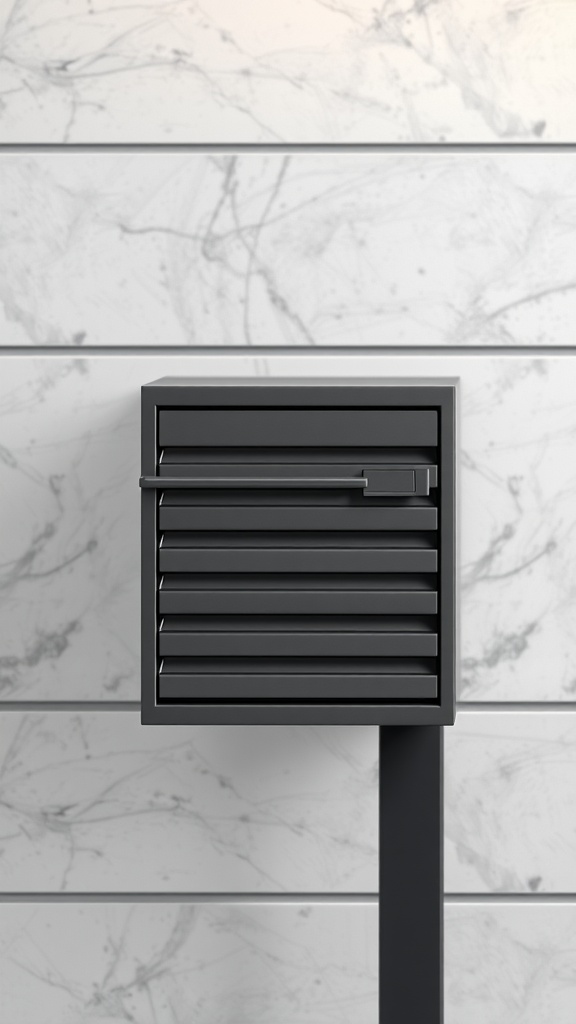 A modernist mailbox with horizontal lines against a textured wall.