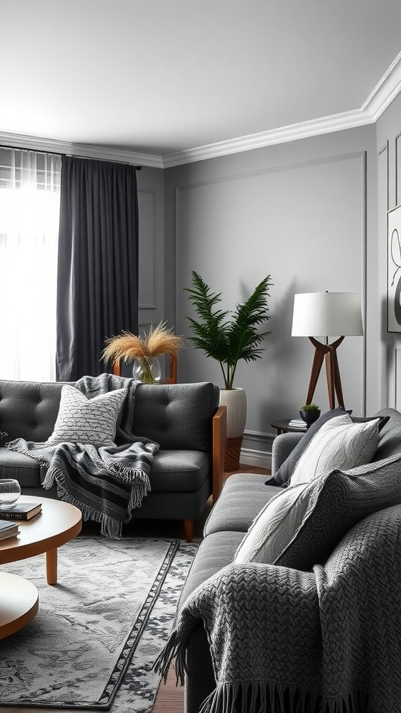 A stylish living room with grey sofas, textured fabrics, a round wooden coffee table, and a potted plant.