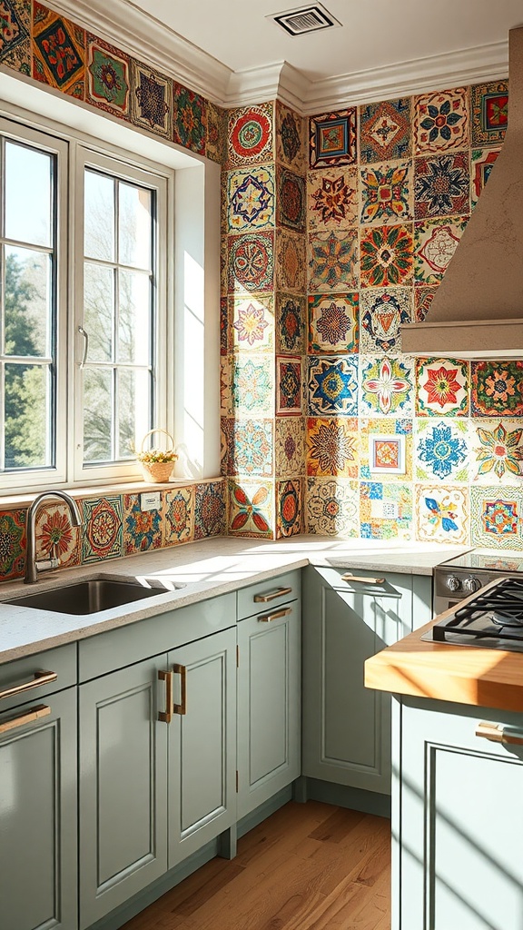 Colorful mosaic tile backsplash in a kitchen with green cabinets and wooden countertops