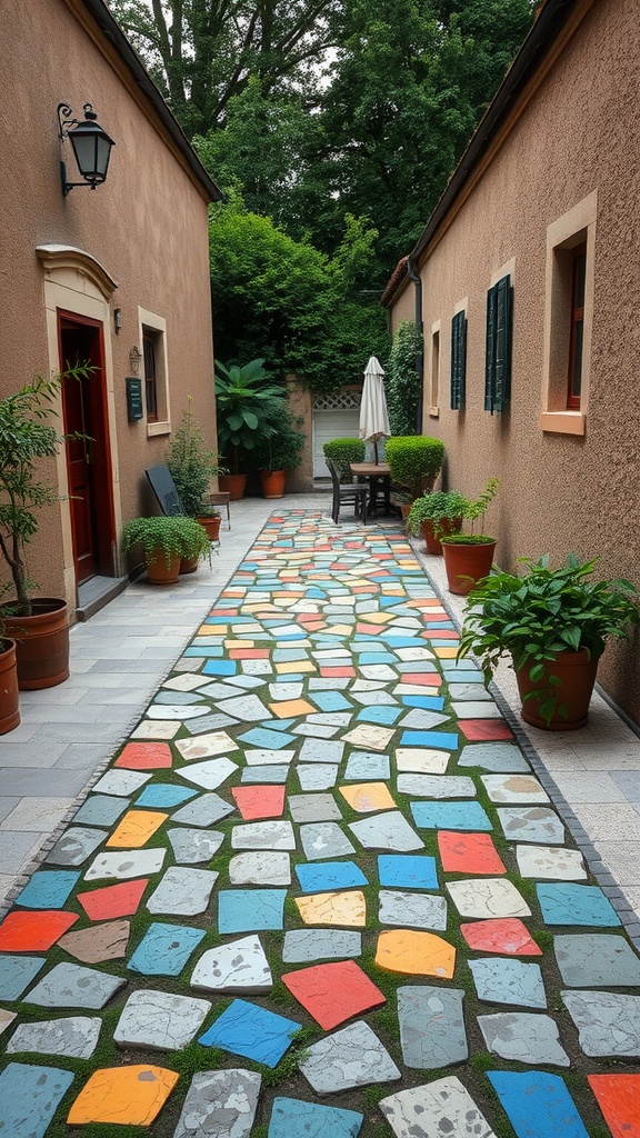 A colorful mosaic stone pathway between buildings, surrounded by greenery and potted plants.