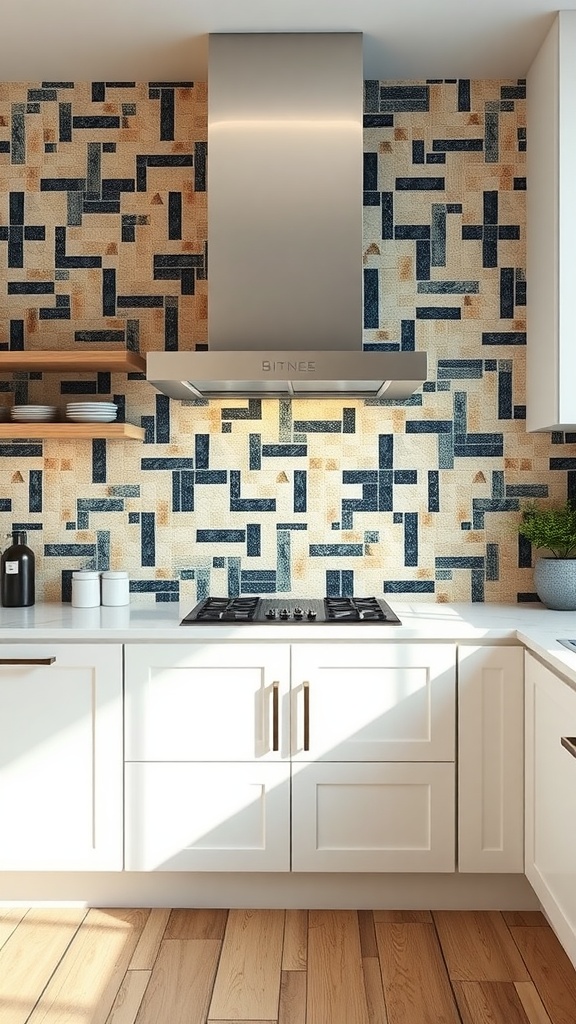 A kitchen with a mosaic tile accent wall featuring blue, beige, and earthy tones, complemented by white cabinetry and stainless-steel appliances.