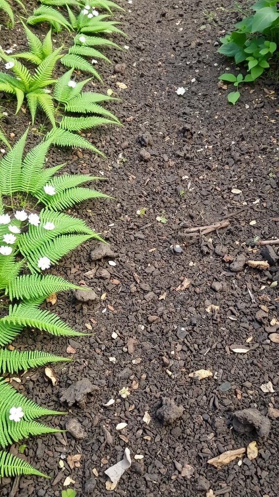 A mulched pathway surrounded by ferns and white flowers