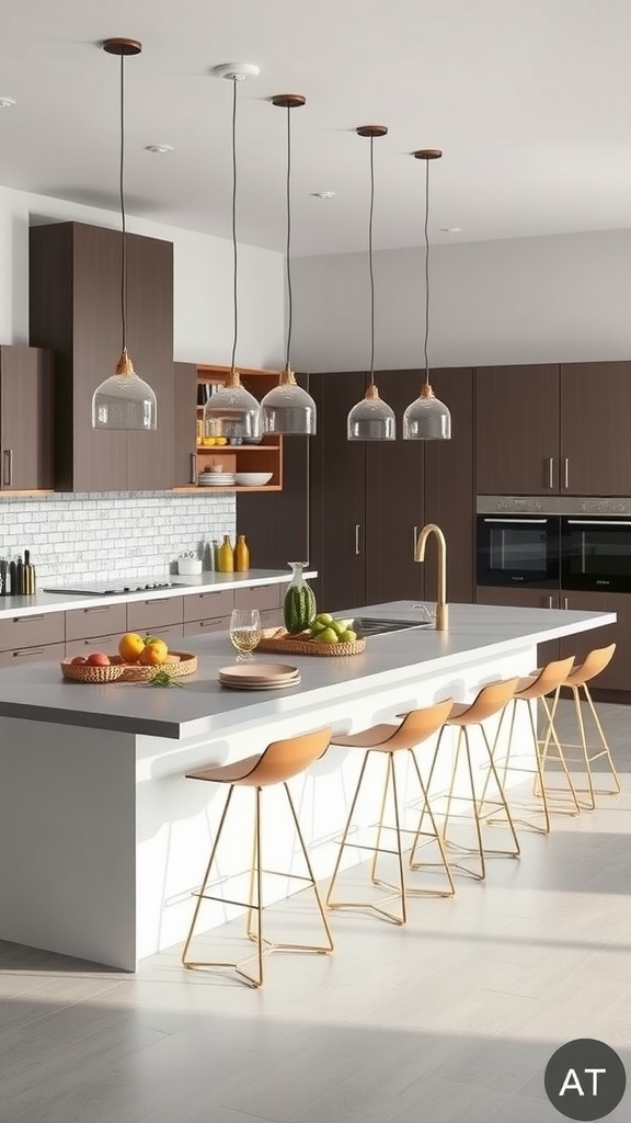 A modern kitchen with a spacious multi-functional island featuring seating and overhead pendant lighting.