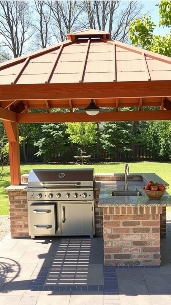 Outdoor kitchen gazebo with grill, sink, and fruit basket