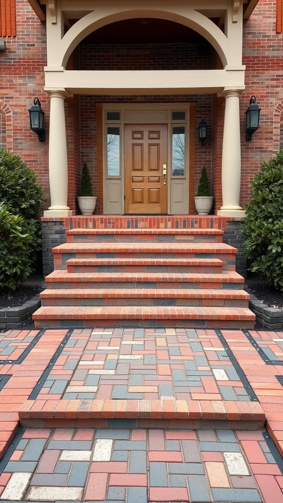 Multi-tiered brick pathway leading to a front door with decorative brick patterns.