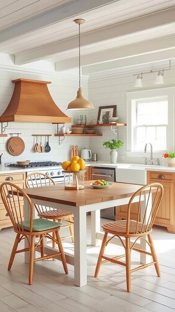 A cozy beach house kitchen featuring a wooden table and rattan chairs, showcasing multi-use furniture.