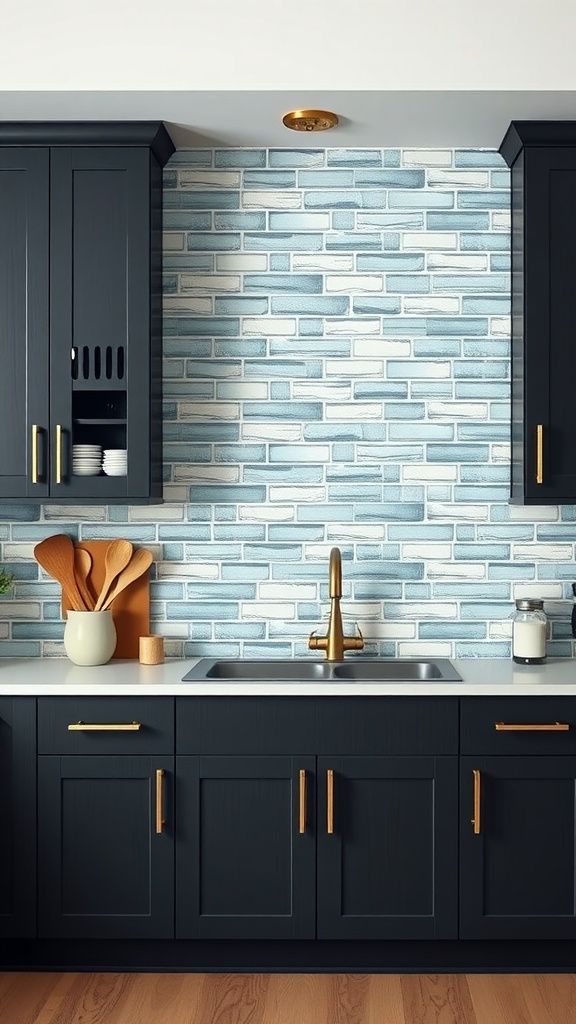 A kitchen with dark cabinets and muted blue and white backsplash tiles.