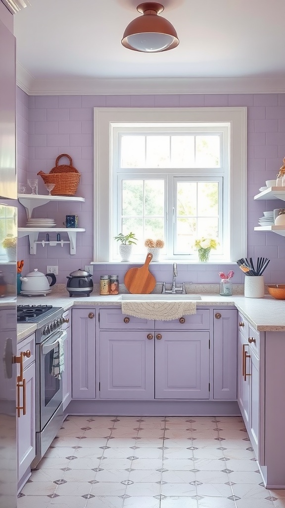 A soft lavender kitchen with light cabinetry and natural accents, creating a serene atmosphere.