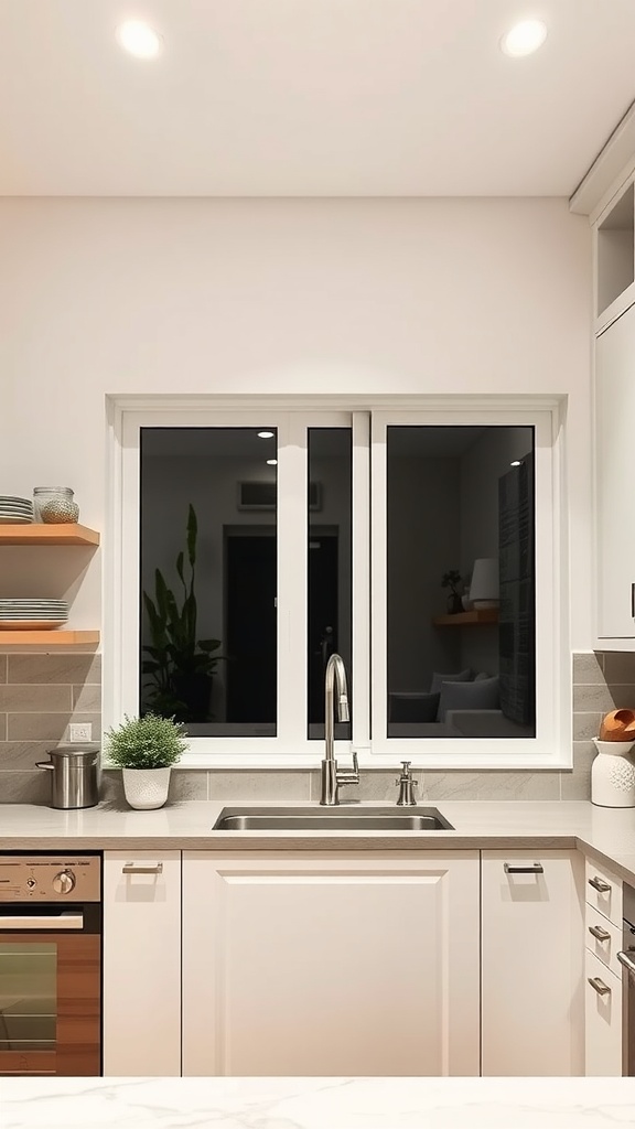 A modern kitchen with a narrow vertical window above the sink, showcasing a sleek design.