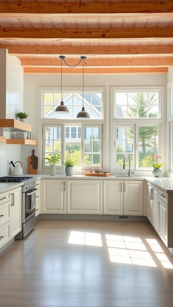 A bright contemporary kitchen with large windows, natural light, and wooden beams.