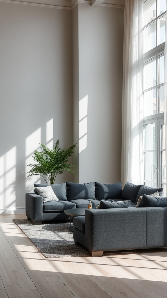 A bright living room with a dark sofa, large windows, and a green plant.