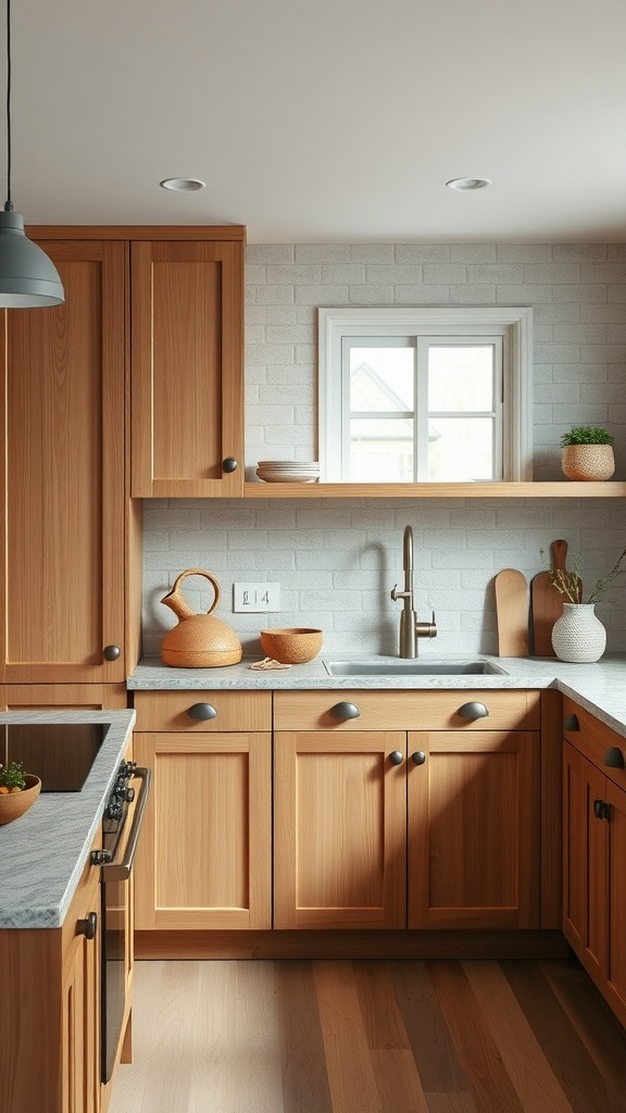 Scandinavian kitchen featuring wooden cabinets and a stone countertop