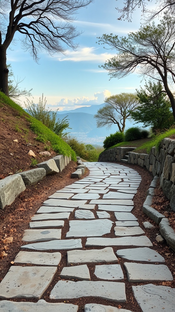 A winding flagstone walkway on a slope surrounded by greenery and trees under a blue sky.