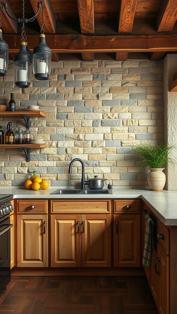 A cozy kitchen featuring a natural stone backsplash, wooden cabinets, and warm lighting.