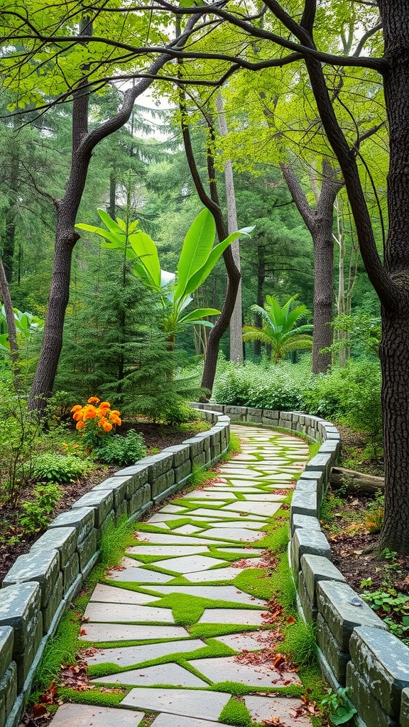 A winding natural stone pathway bordered by greenery and flowers.