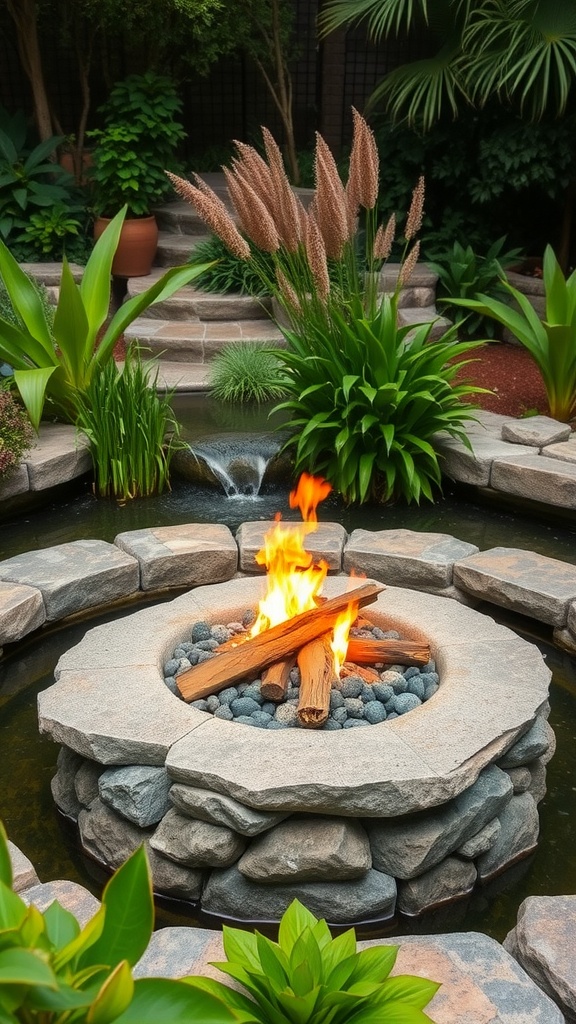 A cozy natural stone fire pit surrounded by lush greenery and a gentle water feature.