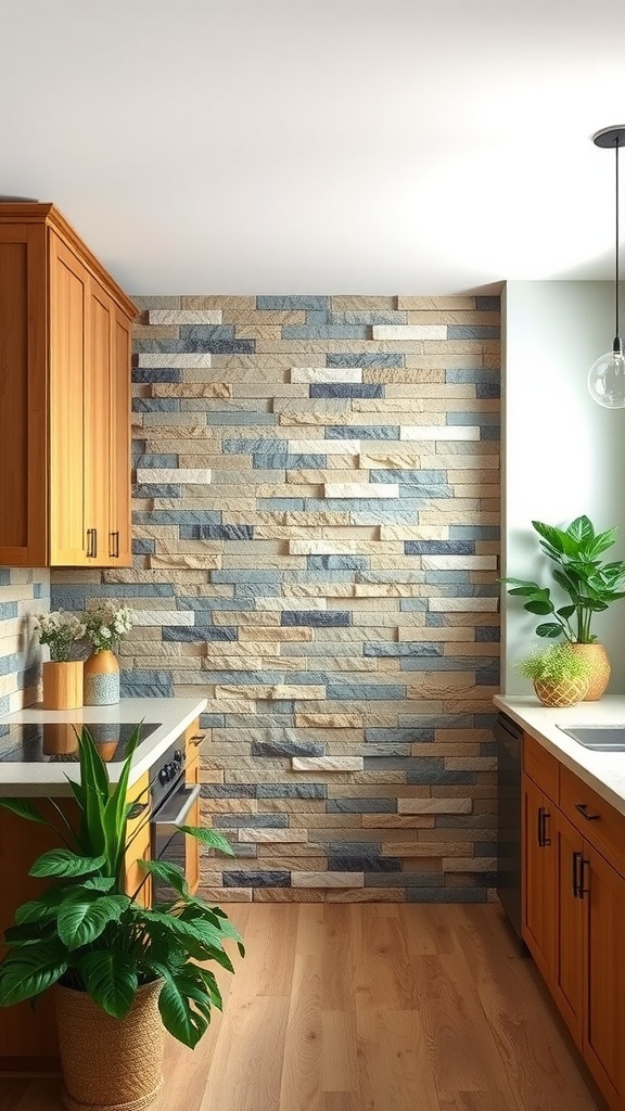 A kitchen featuring a natural stone accent wall with wooden cabinets and plants.