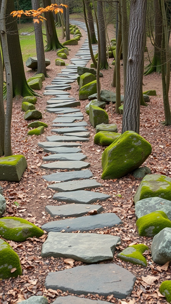 A natural stone trail winding through a forest, surrounded by rocks and moss.