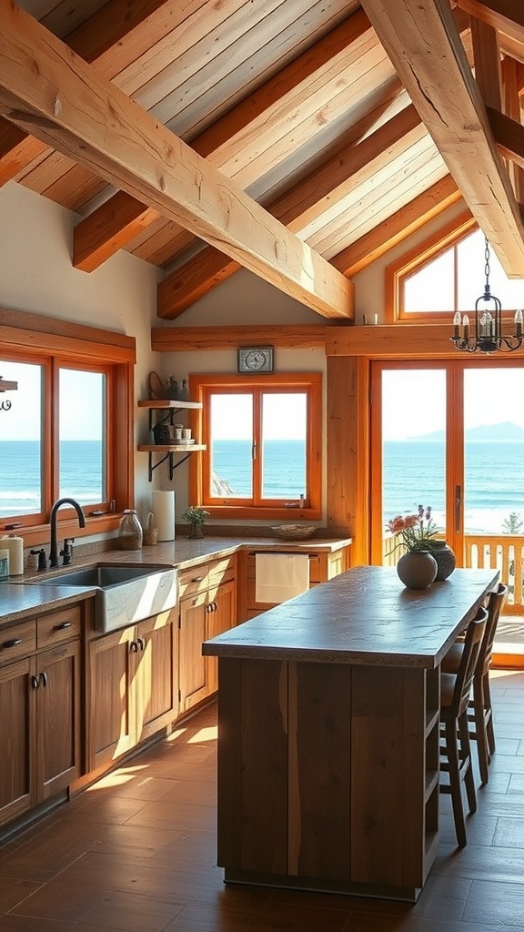 A beach house kitchen featuring natural wood elements, large windows, and ocean views.