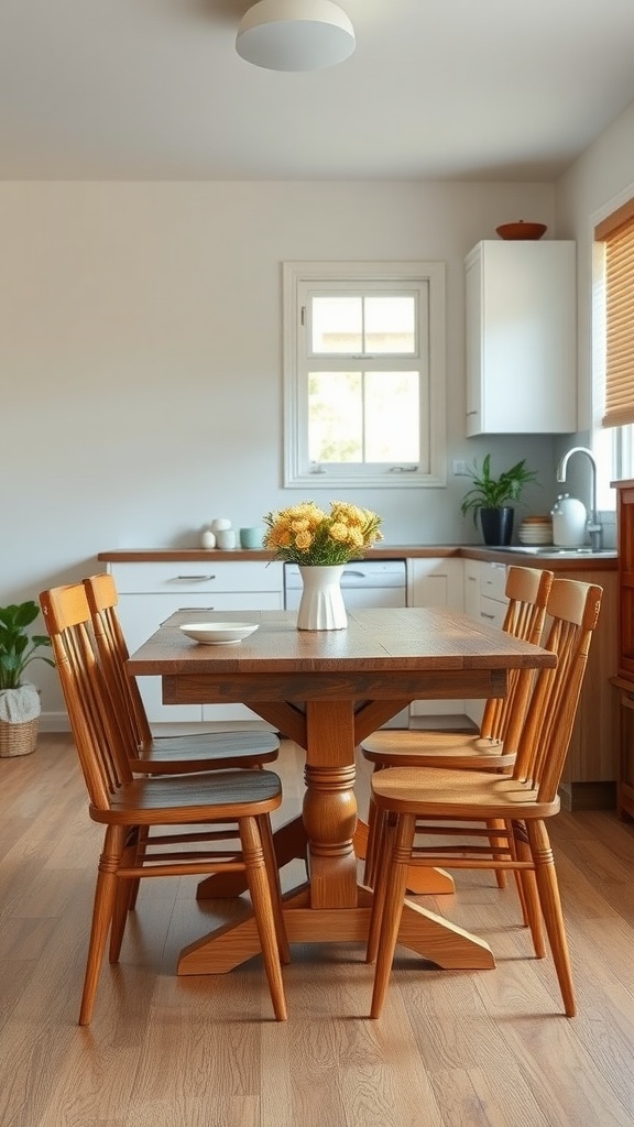 A cozy kitchen featuring a wooden dining table with chairs and a vase of flowers.