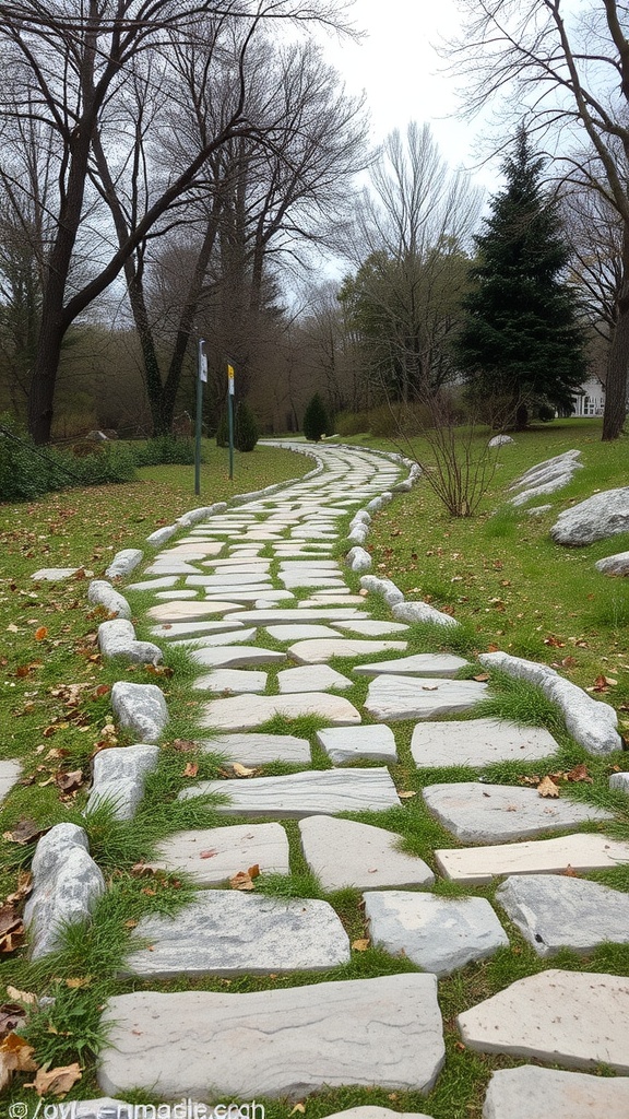 A winding stone pathway surrounded by trees and grass.