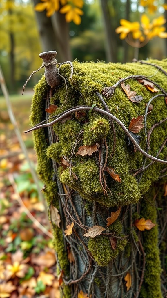 A mailbox covered in moss and vines, surrounded by autumn leaves.