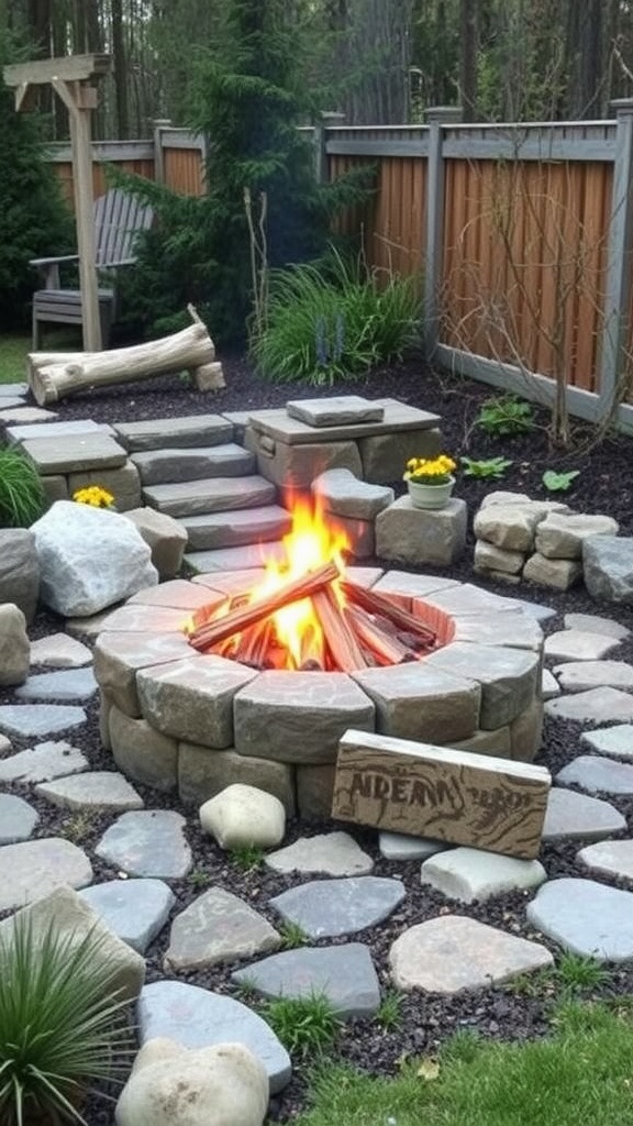 A cozy backyard scene featuring a stone fire pit surrounded by greenery and flowers.