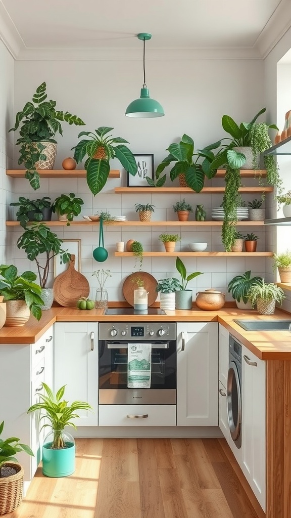 A bright kitchen featuring various houseplants on wooden shelves and countertops, creating a nature-inspired atmosphere.