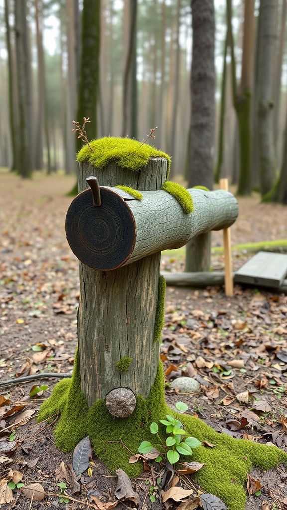 A nature-inspired log mailbox post covered with moss and small branches, set in a forest environment.