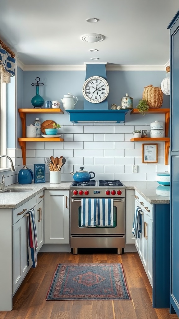 A nautical inspired kitchen with blue and white decor, featuring a blue range hood and open shelving.