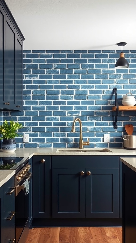 Kitchen with navy blue cabinets and a blue brick backsplash, featuring gold fixtures and wooden accents.