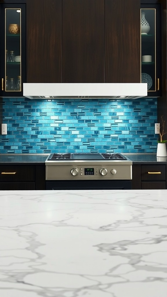 Ocean blue mosaic backsplash in a modern kitchen with dark cabinets and white countertop