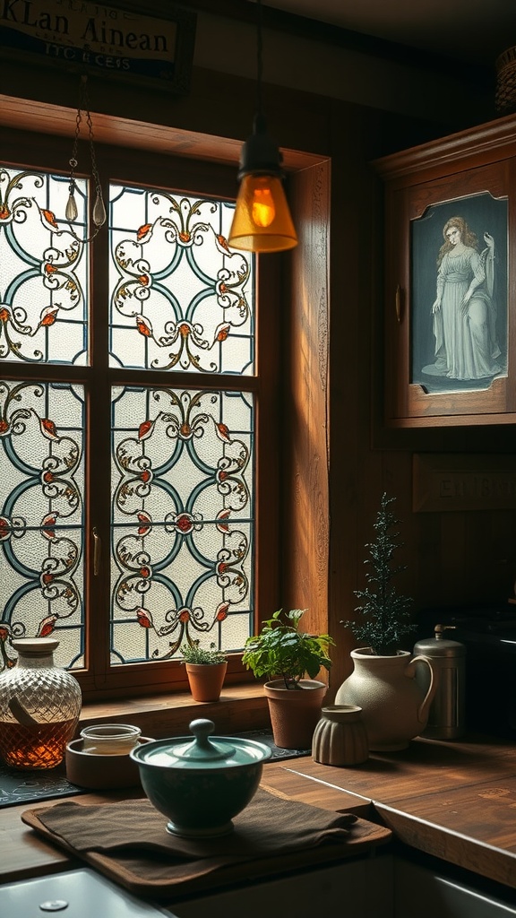 A kitchen featuring an intricate old-world style leaded glass window with colorful patterns and a wooden frame.