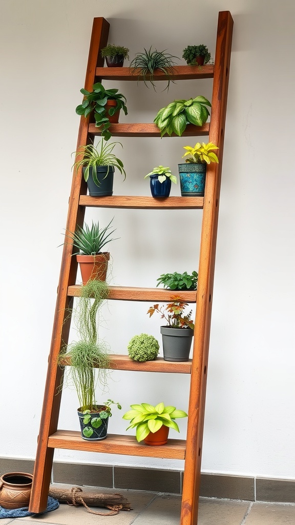 An old wooden ladder repurposed as a planter with various plants in pots on each step.