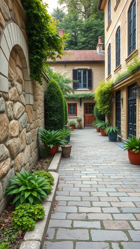 Flagstone walkway surrounded by greenery and European-style architecture