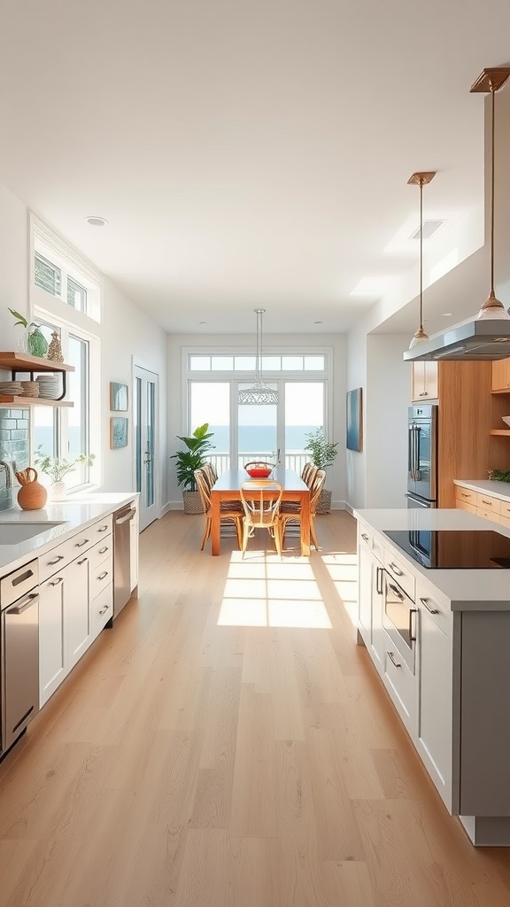 Open-concept kitchen with dining area and beach view