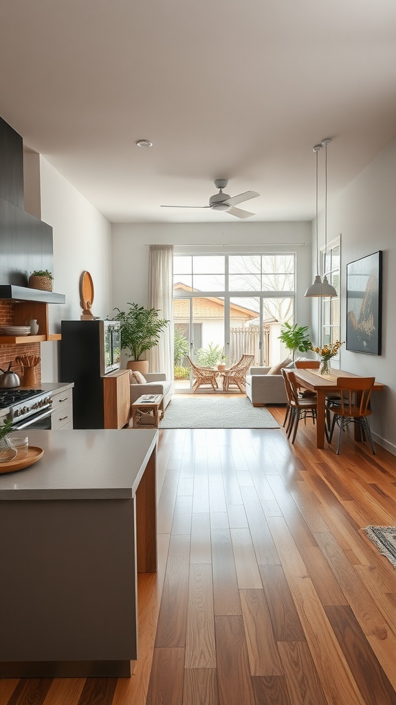 A spacious open concept kitchen and living area with large windows and natural light.