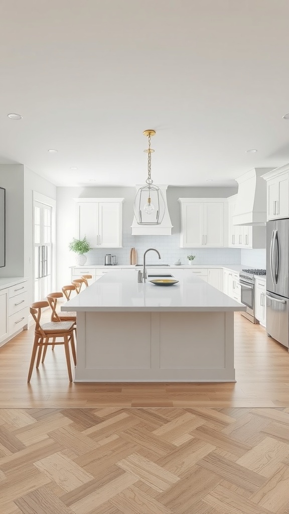 Open concept white kitchen with island seating and herringbone wood floor