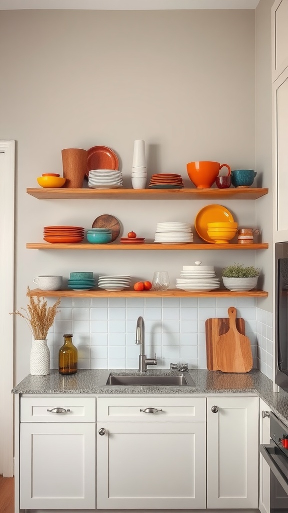 Open shelving with colorful dishes against a neutral wall in a kitchen