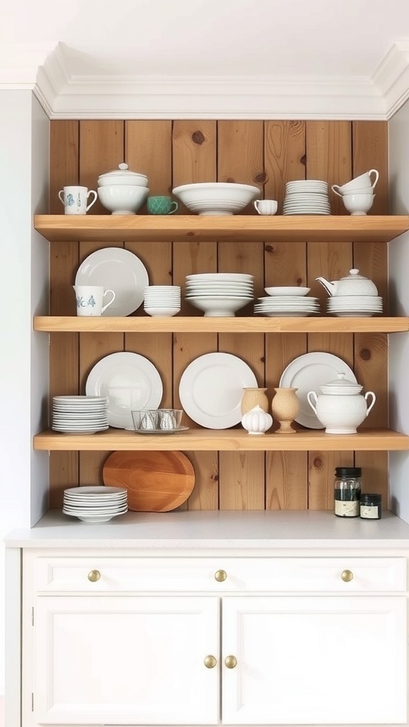 Open shelving in a beach house kitchen displaying white dinnerware and wooden shelves.