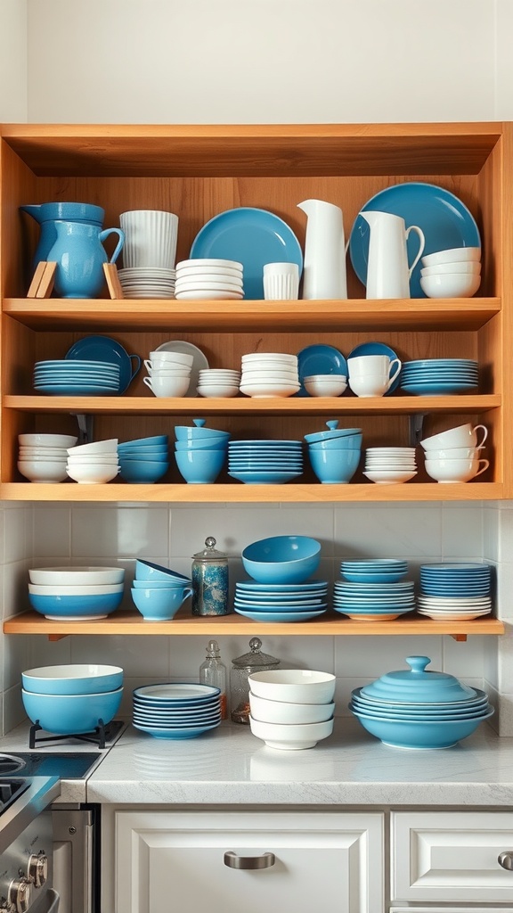 Open shelving displaying blue and white dishware in a modern kitchen