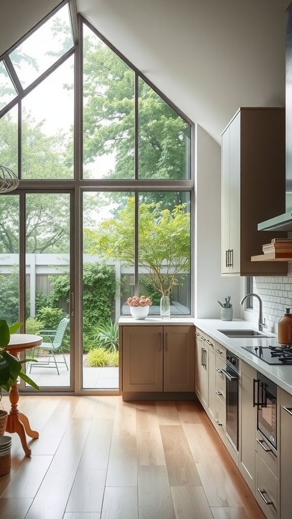 Bright and airy kitchen with large windows overlooking a garden.