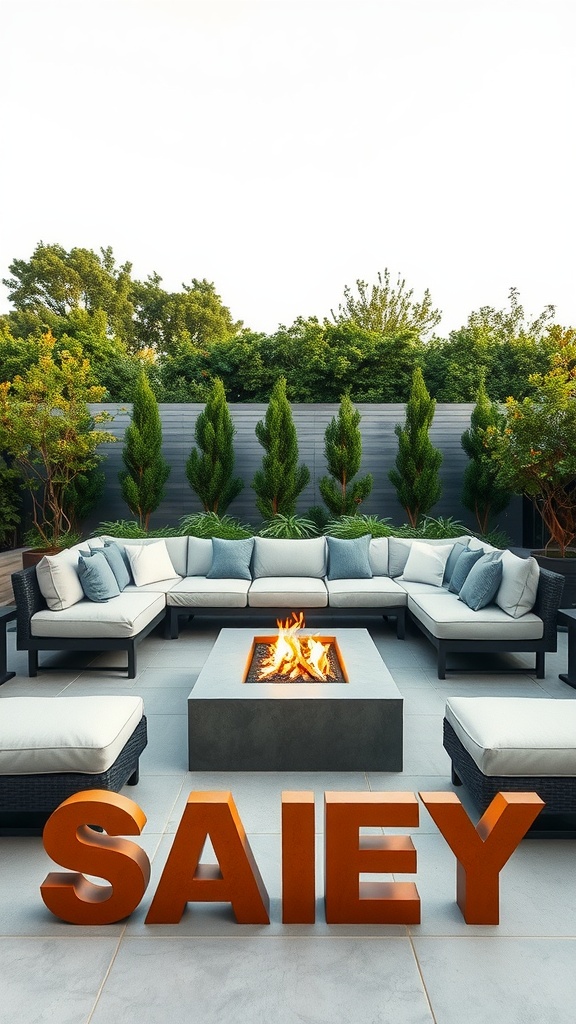 Outdoor sectional sofa surrounding a fire pit with greenery in the background