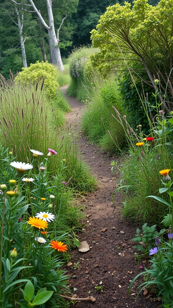 A winding garden trail surrounded by tall grasses and colorful flowers.