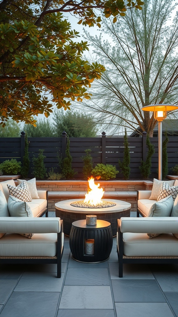 A cozy outdoor seating arrangement featuring oversized cushioned sofas around a fire pit.